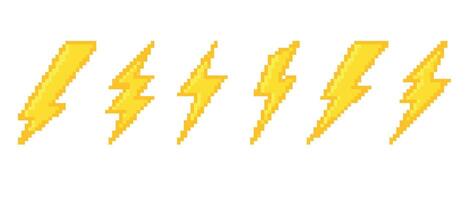 Set of pixel art lightning bolt. Retro game effect. 8 bit thunderbolt, lightning strike. Bright electric icon. 2D sprite sheet vector