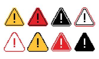 Set of pixel art danger exclamation marks sign. Caution alarm, attention pixel icons. Fatal error warning message. Retro game effect. 8 bit button. 2D sprite sheet vector