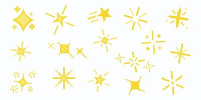 Set of pixel art star, sparkle, starburst. Shiny retro game effect. 8 bit firework burst, space decoration. Bright yellow shining sparkles. 2D sprite sheet. vector