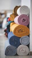 A stack of rolled up fabric in a room photo