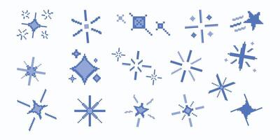 Set of pixel art star, sparkle, starburst. Shiny retro game effect. 8 bit firework burst, space decoration. Bright blue shining sparkles. 2D sprite sheet. vector
