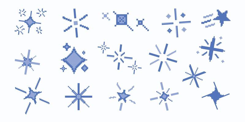 Set of pixel art star, sparkle, starburst. Shiny retro game effect. 8 bit firework burst, space decoration. Bright blue shining sparkles. 2D sprite sheet.