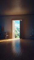 An empty room with a door leading to a view of the mountains photo
