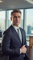 A man in a suit standing in front of a window photo