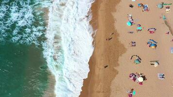 Aerial view of tourists and parasols at Magoito beach in Sintra video