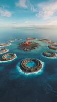 An aerial view of an island with several circular structures photo