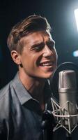 A man singing into a microphone in a recording studio photo