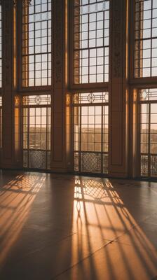 Sunlight shining through large windows in an empty building