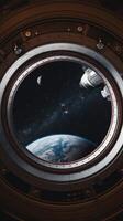 Space station window view of earth and space station elements of this image furnished by nasa photo