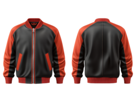 A front and rear view of a stylish jacket in red and black png