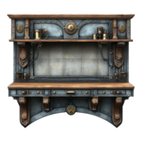 A detailed ornate shelf with decorative utensils and objects png