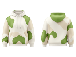 A camouflage patterned hoodie displayed from front and back views png
