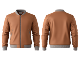 A brown leather jacket is displayed from both front and back png