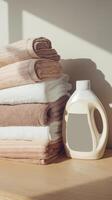 A stack of towels and a bottle of laundry detergent photo