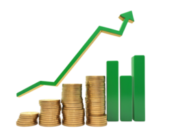 A graph with a green arrow going up and a stack of coins png