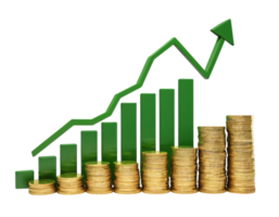 A graph with a green arrow and a gold coin png