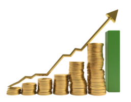 A graph with a green arrow and stacks of coins png