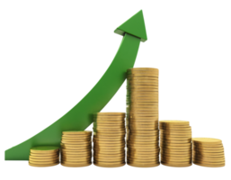 A green arrow is pointing up and a stack of coins is next to it png