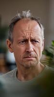 A man with a sad expression looking at the camera photo
