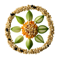 A flower made from seeds and nuts on a black background png