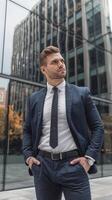 A man in a suit and tie standing in front of a building photo