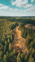 An aerial view of a forest with trees and a road photo