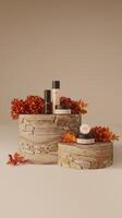 Abstract nature scene composition autumn showcase made of natural stone autumn foliage podium presentation cosmetics on beige background minimalistic branding scene photo