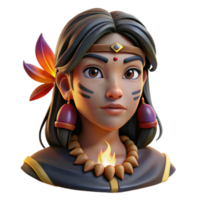 dramatic artistic vibrant classic Portrait of a young indigenous woman with vibrant face paint, adorned with feathers and beads, lit by the warm glow of a campfire, strong chiaroscuro lighting,... png
