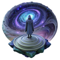 magnificent modern stunning creative A lone, cloaked figure standing on a precipice overlooking a swirling vortex of iridescent nebulae, dimly lit by distant stars, melancholic and mysterious,... png
