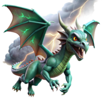 magnificent artistic impressive artistic A fearsome dragon with emerald scales and ruby eyes soaring through a storm-wracked sky, dramatic lighting with flashes of lightning, hyperrealistic style... png