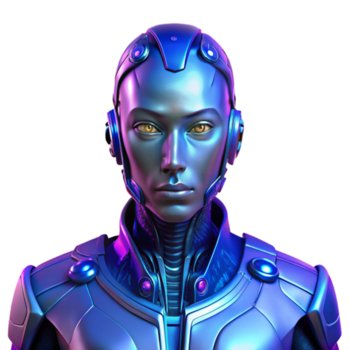 dramático moderno deslumbrante contemporâneo retrato do uma futurista andróide com brilhando circuitos e metálico pele, legal azul e roxa iluminação, cyberpunk estilo, altamente detalhado, profissional Prêmio png