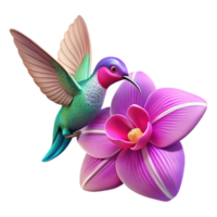wonderful modern extraordinary creative A tiny hummingbird hovering near a vibrant fuchsia orchid, showcasing the iridescent sheen of its feathers and the delicate texture of the flower, in a... png