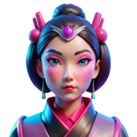 magnificent rustic vibrant rustic A cyberpunk geisha with vibrant pink and blue neon reflections on her face, intricate robotic accessories, and a melancholic expression.... png