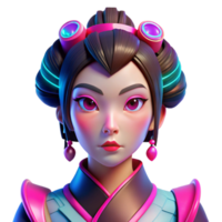 serene classic serene abstract A cyberpunk geisha with vibrant pink and blue neon reflections on her face, intricate robotic accessories, and a melancholic expression.... png