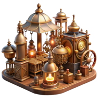 wonderful modern impressive creative A bustling steampunk marketplace filled with intricate automatons, brass and copper wares, cogs and gears, bathed in the warm glow of gas lamps, Art Nouveau... png
