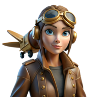 elegant creative stunning classic A female steampunk pilot in a leather aviator jacket, goggles and intricate brass headgear, standing beside her personalized ornithopter, dramatic backlighting,... png