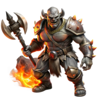 extraordinary abstract impressive modern A fierce orc chieftain wielding a flaming battle axe, clad in blackened plate armor, surrounded by swirling embers and smoke.... png