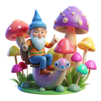 serene modern impressive vintage A whimsical gnome riding a giant snail through a field of luminous mushrooms, vibrant, saturated colours, whimsical and cartoonish style.... png