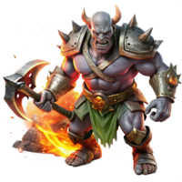 wonderful traditional magnificent vintage A fierce orc chieftain wielding a flaming battle axe, clad in blackened plate armor, surrounded by swirling embers and smoke.... png