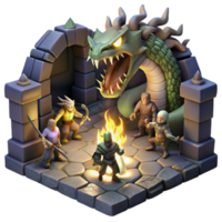 dramatic classic extraordinary artistic A group of adventurers battling a monstrous hydra in a dark, cavernous dungeon, dynamic lighting from flickering torches.... png