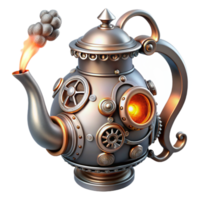 serene modern elegant rustic A whimsical steampunk teapot, ornate silver with copper accents, steam billowing from its spout, gears and pipes intricately interwoven, lit by bright, whimsical... png