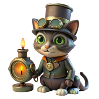 elegant rustic elegant classic A full-body portrait of a steampunk cat, wearing a tiny top hat and monocle, sitting beside a miniature clockwork contraption, lit by warm, flickering candlelight... png
