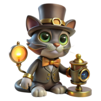 beautiful rustic extraordinary traditional A full-body portrait of a steampunk cat, wearing a tiny top hat and monocle, sitting beside a miniature clockwork contraption, lit by warm, flickering... png