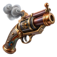 extraordinary abstract beautiful traditional A detailed illustration of a steampunk pistol, polished brass and dark wood, intricate engravings and gears, smoke curling from the barrel, lit by... png