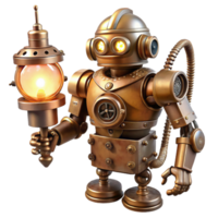 extraordinary creative impressive minimalist A detailed depiction of a steampunk robot, brass and copper, intricate gears and pipes exposed, holding a glowing lamp, lit by soft, ambient light high... png