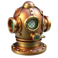 vibrant minimalist dramatic classic A detailed illustration of a steampunk diving suit, brass and copper with large glass portholes, intricate pressure gauges and valves, lit by cool, underwater... png