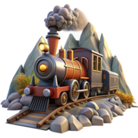 impressive minimalist extraordinary artistic A dynamic scene of a steampunk train speeding through a mountainous landscape, steam billowing from its engine, lit by bright, midday sunlight detailed... png