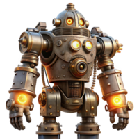 elegant vintage extraordinary creative A colossal steampunk robot, crafted from riveted iron plates and glowing vacuum tubes, standing amidst a swirling fog, illuminated by sparks and flickering... png