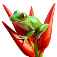 beautiful vintage dramatic creative A vibrant green tree frog clinging to a glossy, red heliconia flower, illuminated by dappled sunlight filtering through the rainforest canopy.... png