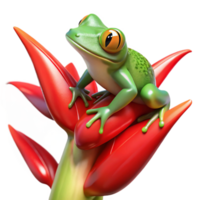 dramatic modern serene rustic A vibrant green tree frog clinging to a glossy, red heliconia flower, illuminated by dappled sunlight filtering through the rainforest canopy.... png